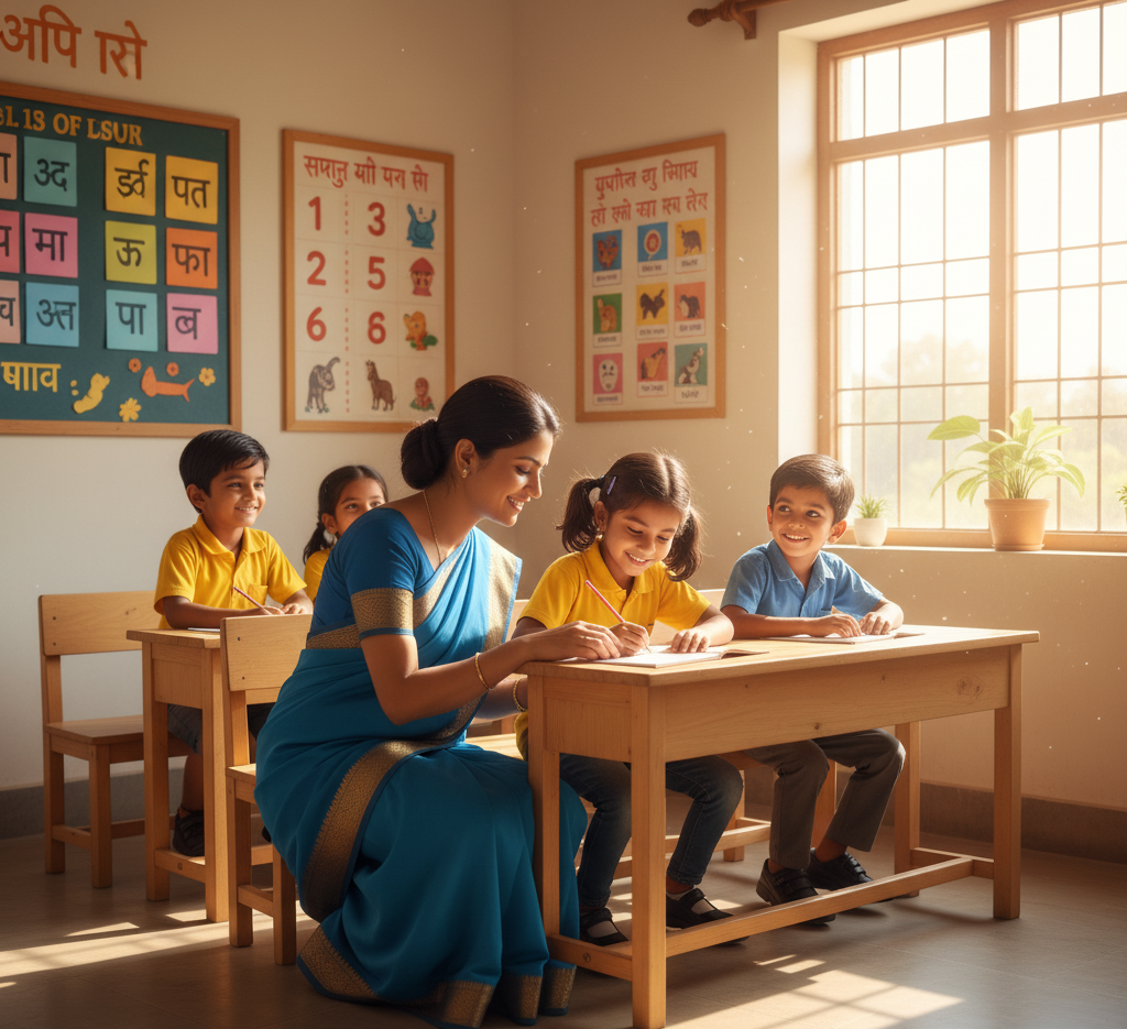 खुशहाल भारतीय बच्चे एक ग्रामीण कक्षा में सीख रहे हैं (Happy Indian children learning in a rural classroom)